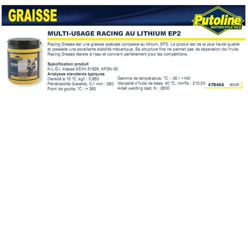 Mehrzweck-Rennfett in Lithium EP2 600Gr PUTOLINE