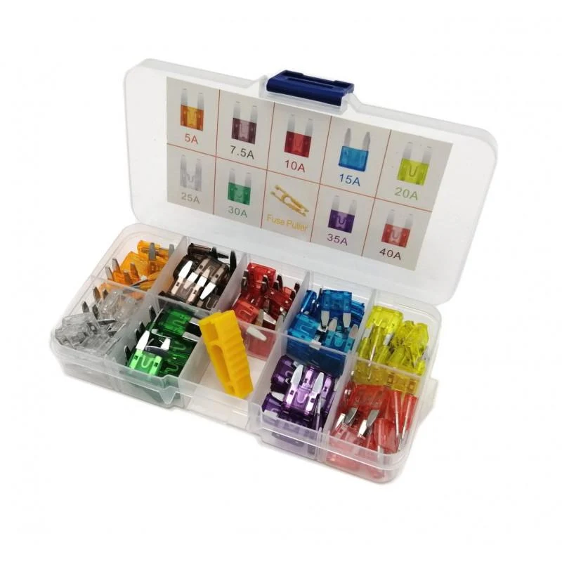 Box mit 120 MINI MOTORRADSICHERUNGEN (9 Kräfte) Sortiert + Klemme