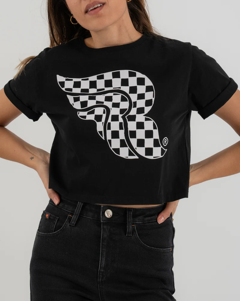 Checkerboard Crop Top Black T-Shirt Women