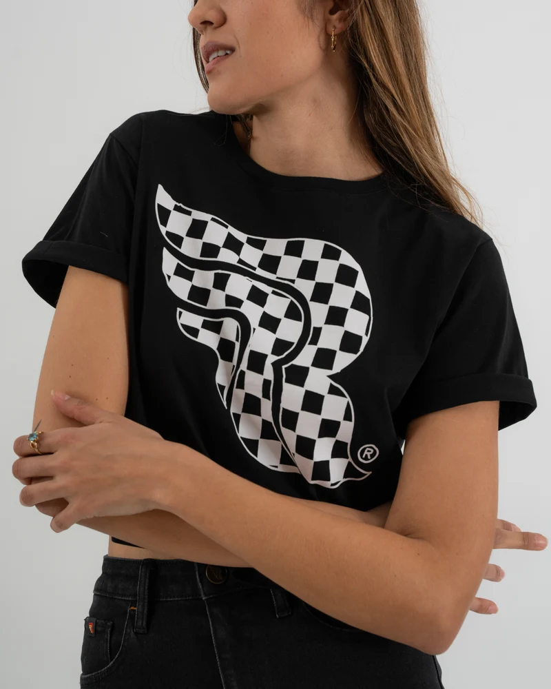 Checkerboard Crop Top Black T-Shirt Women