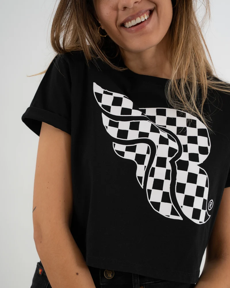 Checkerboard Crop Top Black T-Shirt Women