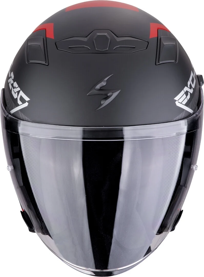 Scorpion EXO-230 BAND Cara Abierta Jet Casco Negro Mate Rojo Plata